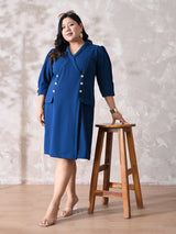 Power Blue Midi Dress with Double-Breasted Button Detail