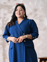 Power Blue Midi Dress with Double-Breasted Button Detail