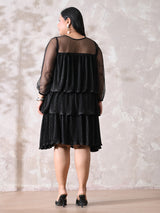 Sheer Sleeve Pleated Cocktail Tiered Dress