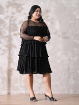 Sheer Sleeve Pleated Cocktail Tiered Dress