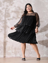 Sheer Sleeve Pleated Cocktail Tiered Dress