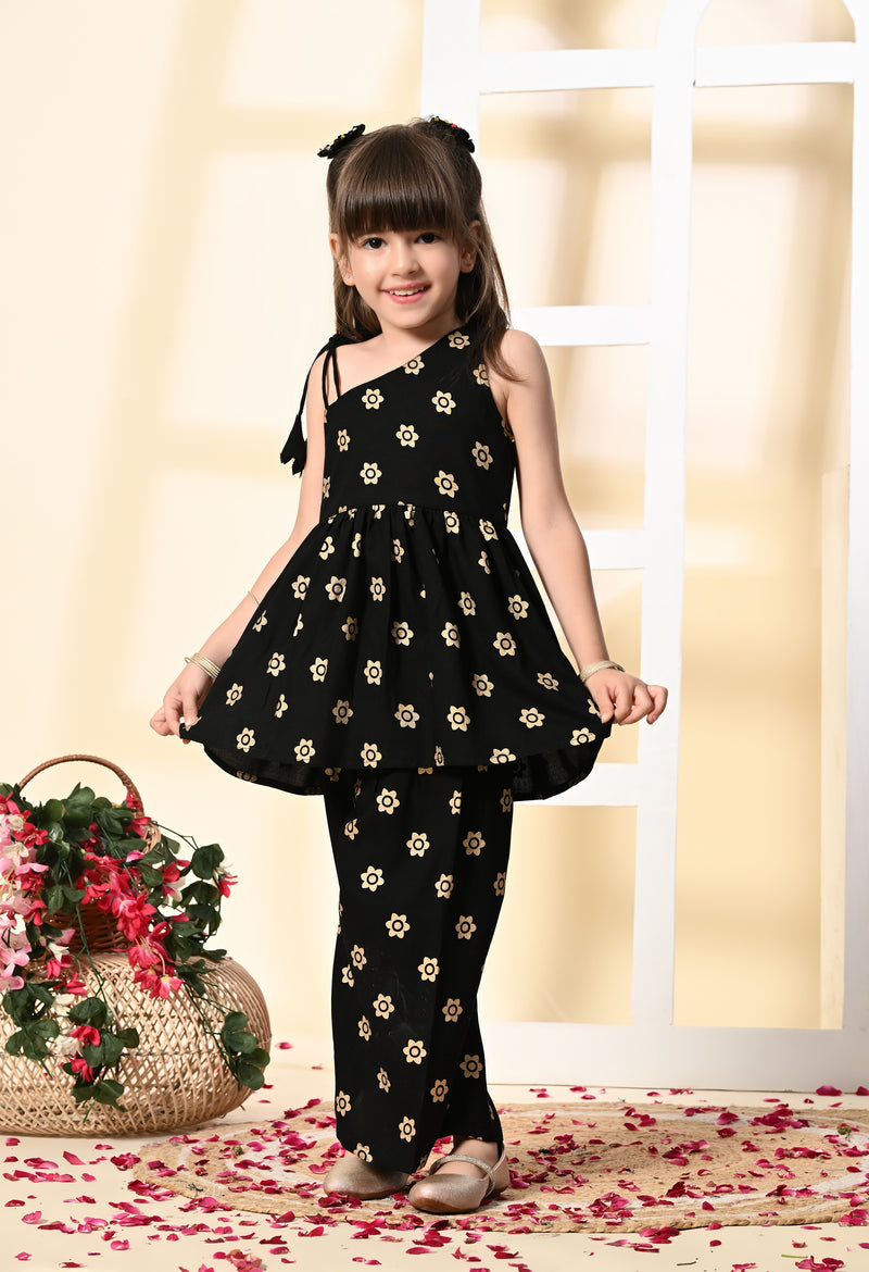 Girls Black Gold Printed One Shoulder Palazzo Set