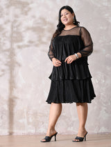 Sheer Sleeve Pleated Cocktail Tiered Dress