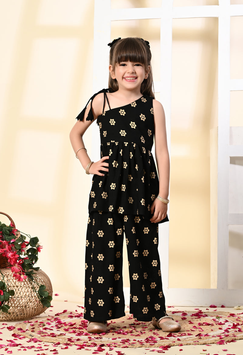 Girls Black Gold Printed One Shoulder Palazzo Set