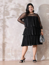 Sheer Sleeve Pleated Cocktail Tiered Dress
