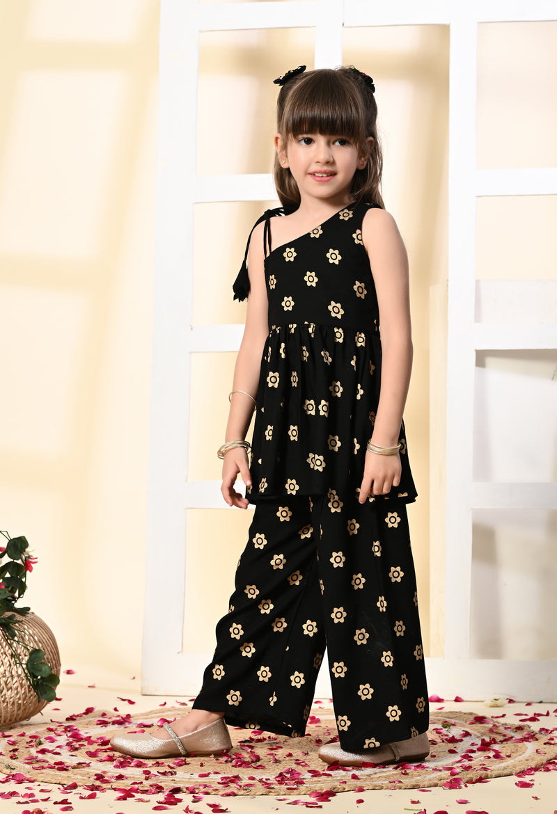 Girls Black Gold Printed One Shoulder Palazzo Set