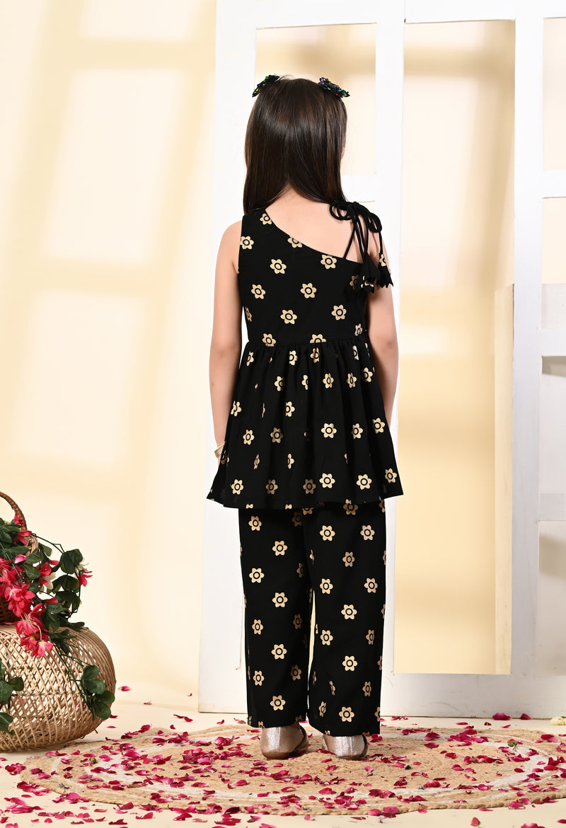 Girls Black Gold Printed One Shoulder Palazzo Set