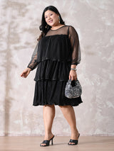 Sheer Sleeve Pleated Cocktail Tiered Dress