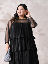 Sheer Sleeve Pleated Cocktail Tiered Dress