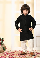 Boys Embroidered Black Rayon Kurta Pant Set