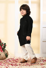 Boys Embroidered Black Rayon Kurta Pant Set