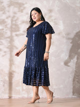 Midnight Navy Sequin Striped Lycra Dress with Flowy Ruffle Hem