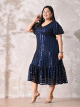 Midnight Navy Sequin Striped Lycra Dress with Flowy Ruffle Hem