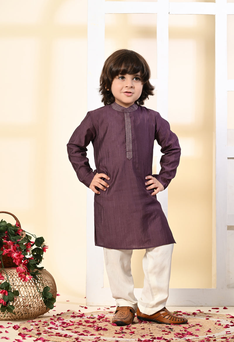 Boys Zari Work Lavender Silk Kurta Set