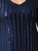 Midnight Navy Sequin Striped Lycra Dress with Flowy Ruffle Hem