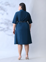Elegant Teal Blue Dress with Belt Accent & Feminine Fit