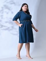 Elegant Teal Blue Dress with Belt Accent & Feminine Fit