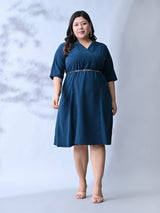 Elegant Teal Blue Dress with Belt Accent & Feminine Fit