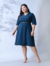 Elegant Teal Blue Dress with Belt Accent & Feminine Fit