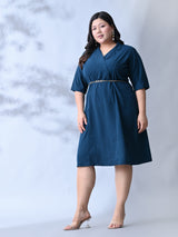 Elegant Teal Blue Dress with Belt Accent & Feminine Fit