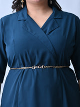 Elegant Teal Blue Dress with Belt Accent & Feminine Fit