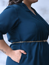 Elegant Teal Blue Dress with Belt Accent & Feminine Fit