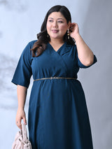 Elegant Teal Blue Dress with Belt Accent & Feminine Fit