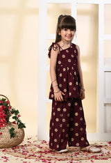 Girls Wine Gold Printed One Shoulder Palazzo Set