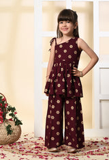 Girls Wine Gold Printed One Shoulder Palazzo Set