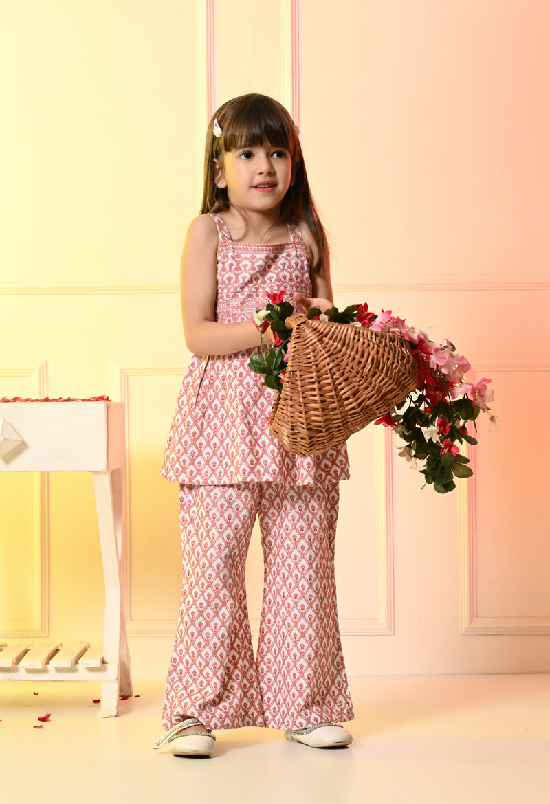 Girls White and Pink Peplum Embroidered Bell Bottom Set