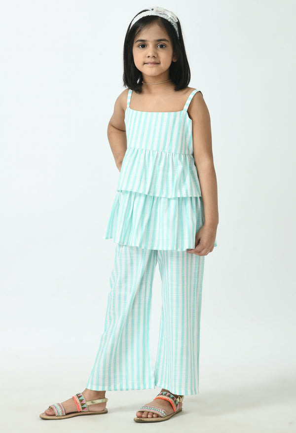 Girls Turquoise Blue & White Sleeveless Striped Peplum and Frilled Co-ord Set