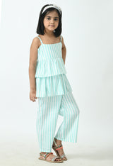 Girls Turquoise Blue & White Sleeveless Striped Peplum and Frilled Co-ord Set