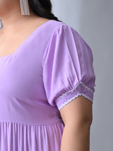 Lilac Dream Dress with White Contrast Lace & Flowy Silhouette