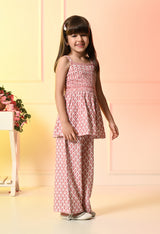 Girls White and Pink Peplum Embroidered Bell Bottom Set