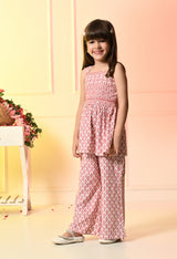 Girls White and Pink Peplum Embroidered Bell Bottom Set