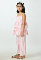 Girls Pink & White Sleeveless Striped Peplum and Frilled Co-ord Set