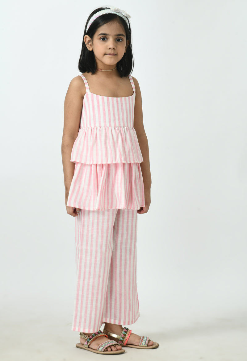 Girls Pink & White Sleeveless Striped Peplum and Frilled Co-ord Set