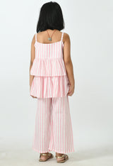 Girls Pink & White Sleeveless Striped Peplum and Frilled Co-ord Set