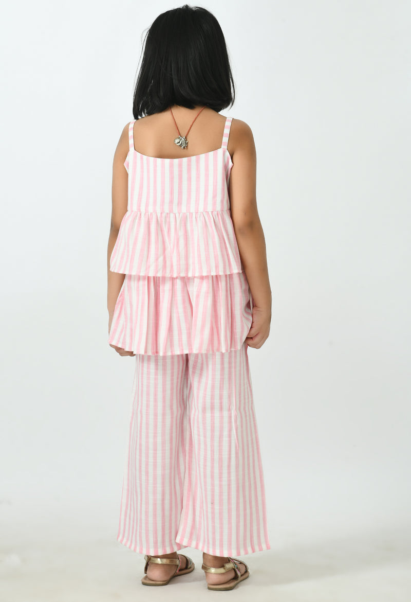 Girls Pink & White Sleeveless Striped Peplum and Frilled Co-ord Set