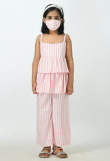 Girls Pink & White Sleeveless Striped Peplum and Frilled Co-ord Set