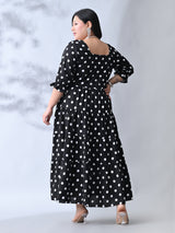 Vintage Polka Rayon Midi Dress with Breezy Tiered Design