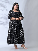 Vintage Polka Rayon Midi Dress with Breezy Tiered Design