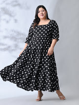 Vintage Polka Rayon Midi Dress with Breezy Tiered Design