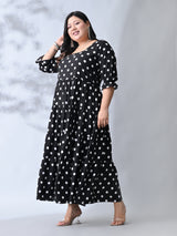 Vintage Polka Rayon Midi Dress with Breezy Tiered Design