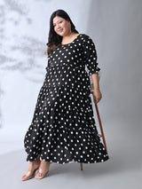 Vintage Polka Rayon Midi Dress with Breezy Tiered Design