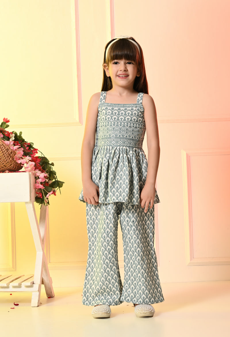 Girls White and Blue Peplum Embroidered Bell Bottom Set