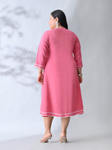 Blush Pink Rayon Midi Dress with Contrast Lace Detailing