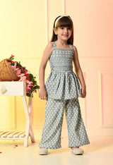 Girls White and Blue Peplum Embroidered Bell Bottom Set