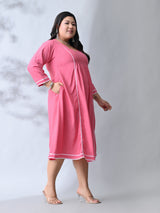 Blush Pink Rayon Midi Dress with Contrast Lace Detailing