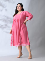 Blush Pink Rayon Midi Dress with Contrast Lace Detailing